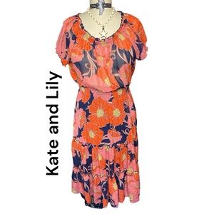 Kate and Lily Short Sleeve Floral Print Dress Sz 8 Sheer with Skirt Lining Layer